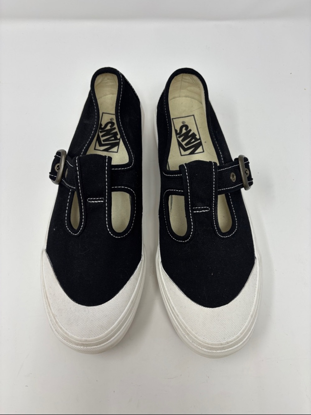 Vans | 8.5 Black Canvas Mary Jane Sneakers with White Toe Cap - Picture 2 of 8
